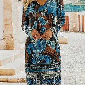 V-neck Casual Dress, Long Sleeve Midi Bodycon Dress, Women's Clothing